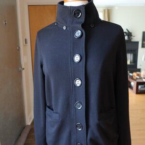 Calvin Klein black knit jacket removable hood buttons pockets sz S machine wash